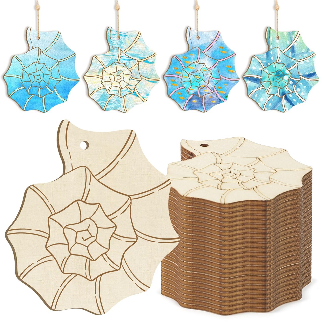Wooden Shell Ornaments to Paint Mothers Day Decoration Cutouts Unfinished 24PCS 3.5 x 3 inches, DIY Blank Wood Ornament for Home Crafts Hanging Children's Day Mother's Day Birthday Party Decoration